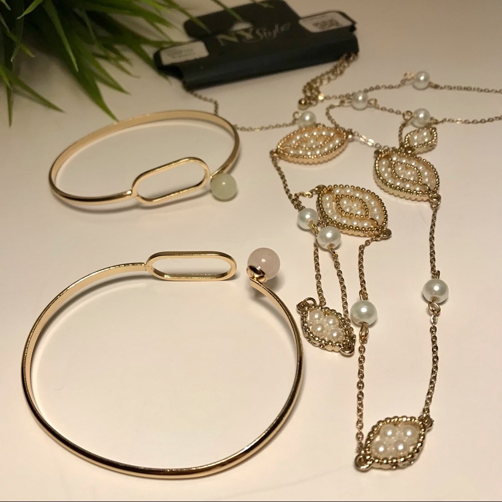 2 Gemstone bracelets and Pearl necklace Gold Tone - Picture 7 of 10